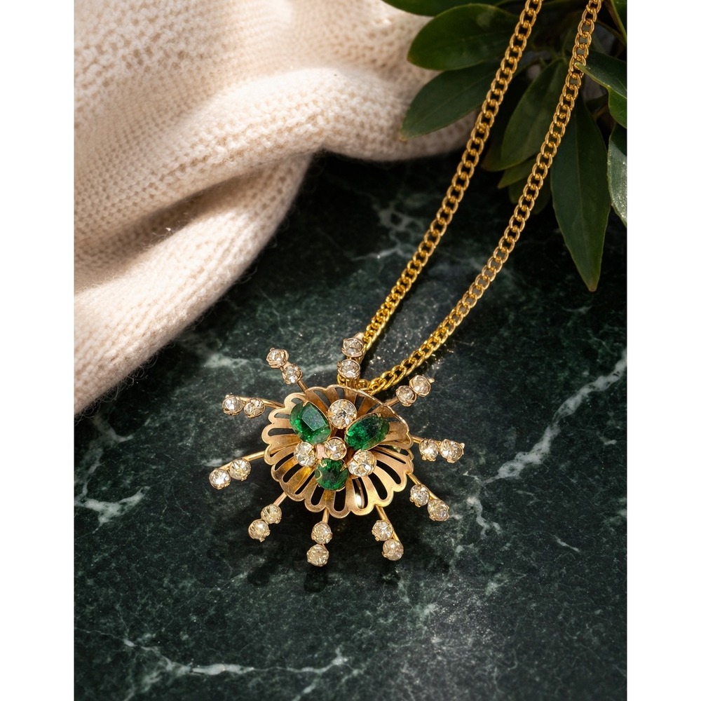 Scitarelli Pendant Necklace Vintage Brooch Gold Tone Green Clear Rhinestone Star